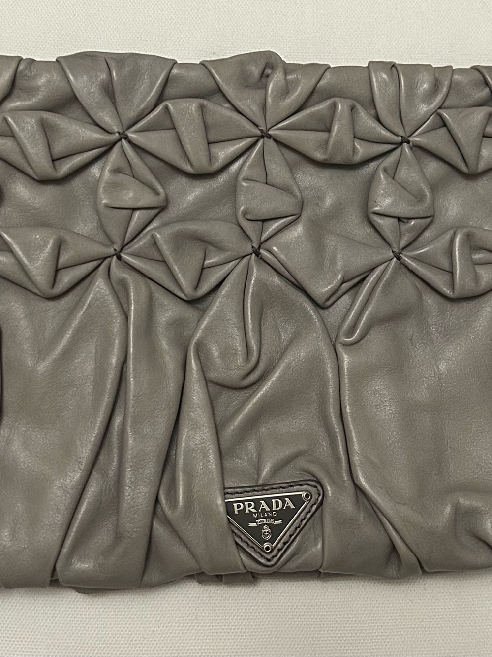 Prada Taupe Gathered Leather Clutch with Logo Triangle